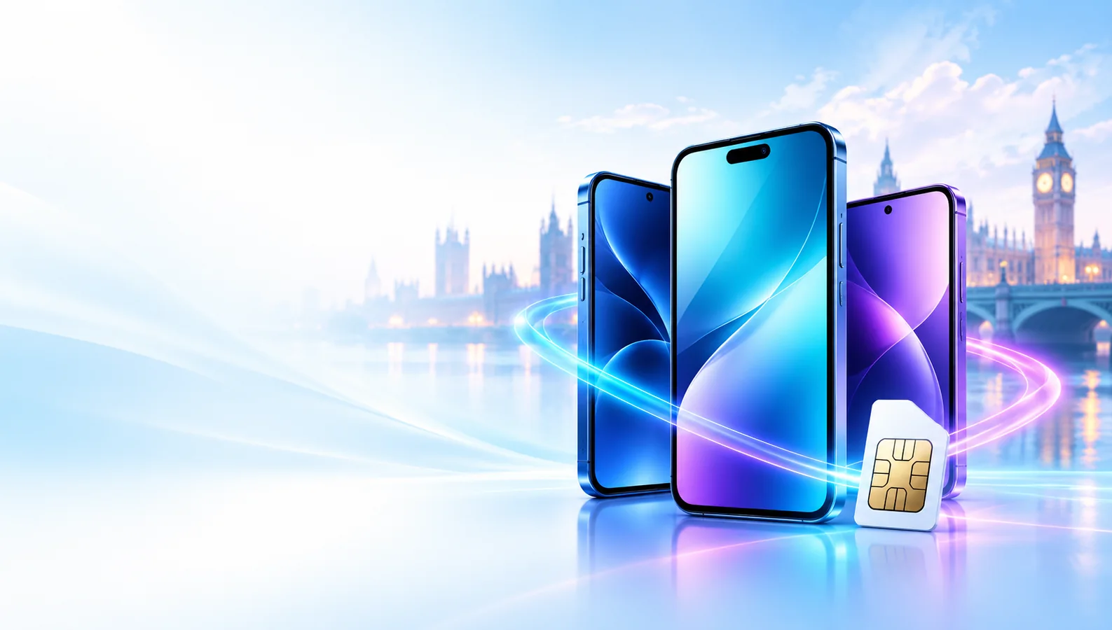 Illustrative smartphones and SIM card against a London skyline